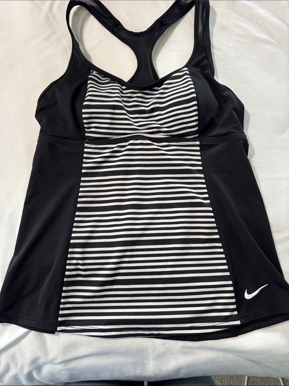 Nike Black and White Striped Racerback Tank with Swoosh